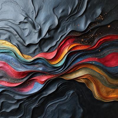 The primary subject of the image is a colorful, abstract artwork featuring a mix of red, blue, yellow, and orange colors. The artwork is displayed on a black background, which contrasts with the vibrant colors of the piece. The visual style of the image is a combination of digital art and illustration, creating a unique and eye-catching design. The overall atmosphere of the artwork is lively and energetic, with the bold colors and intricate patterns capturing the viewer's attention.